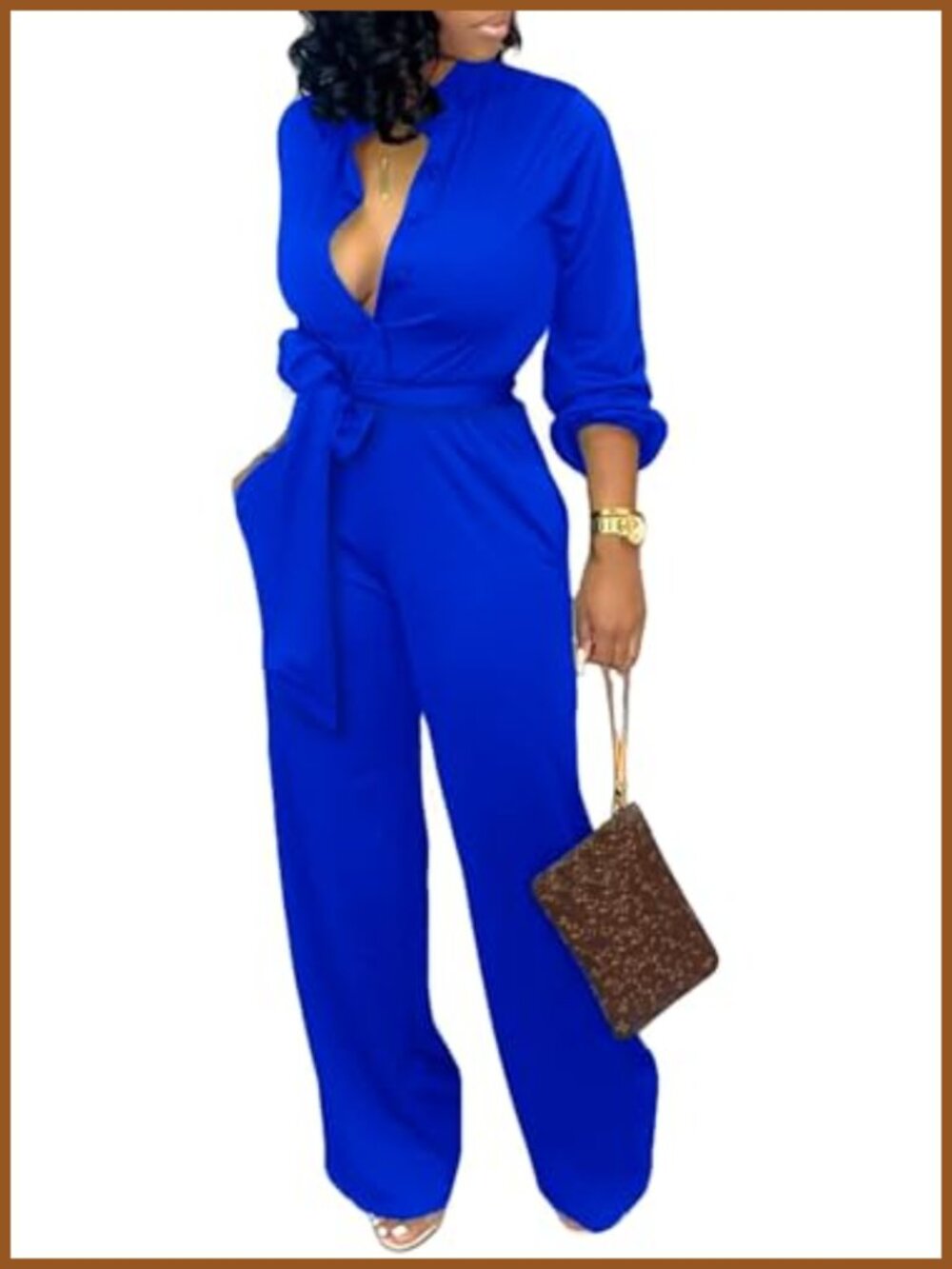 Women Long Sleeve Formal Jumpsuit Straight Pants Pockets Dressy Workwear
